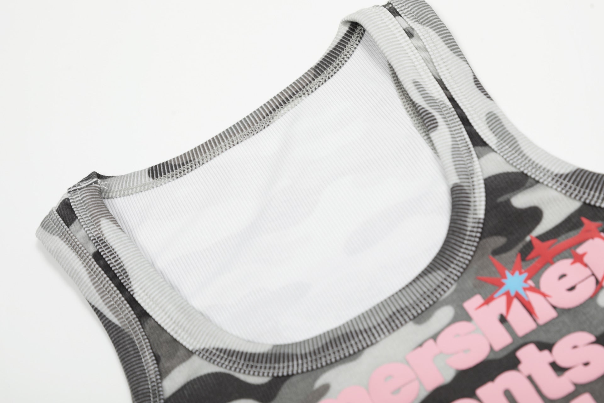 Graphic Slogan Camo / Solid Tank Top – White / Grey Camo