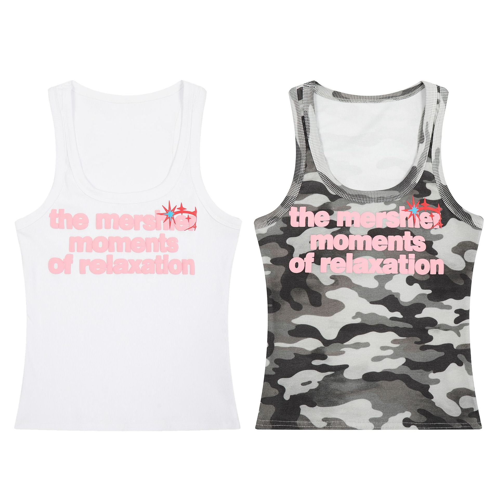 Graphic Slogan Camo / Solid Tank Top – White / Grey Camo
