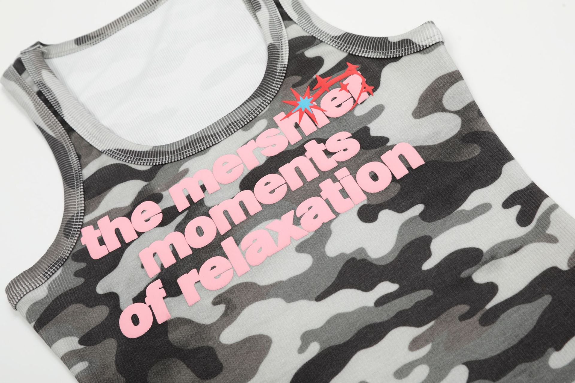 Graphic Slogan Camo / Solid Tank Top – White / Grey Camo