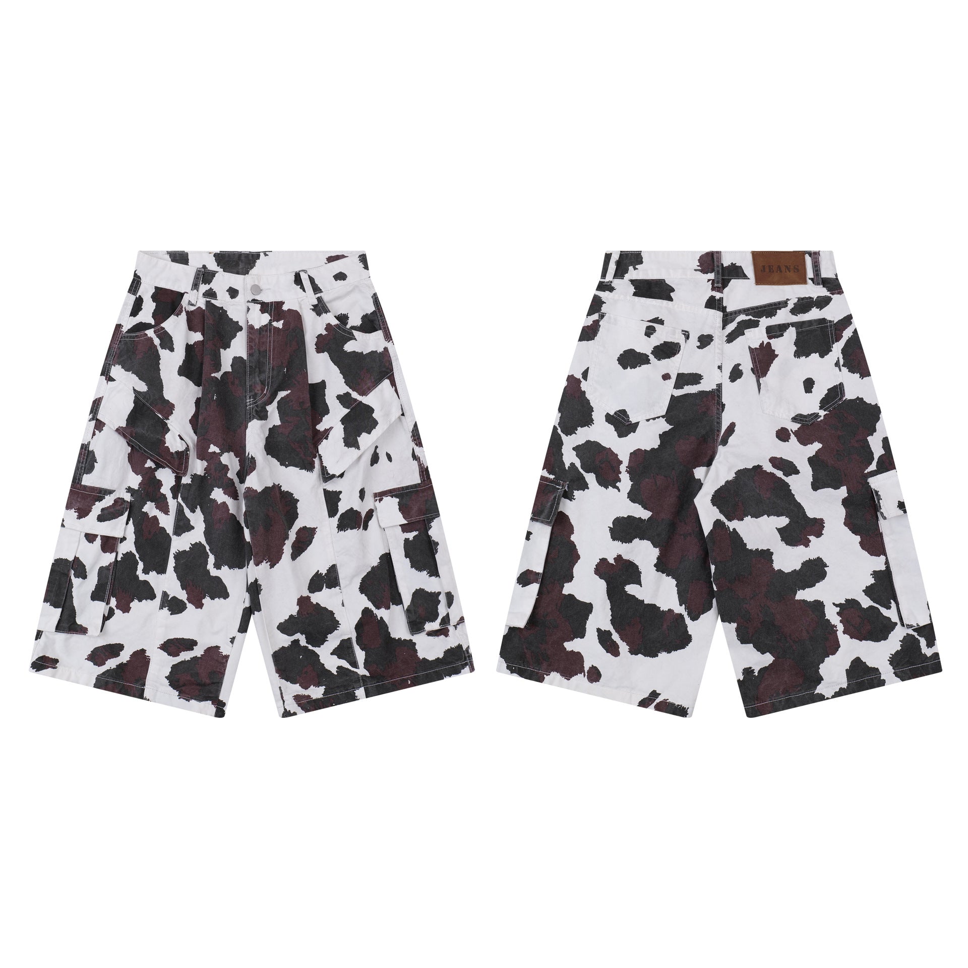 Cow-Print Multi-Pocket Cargo Shorts – White/Black & Burgundy