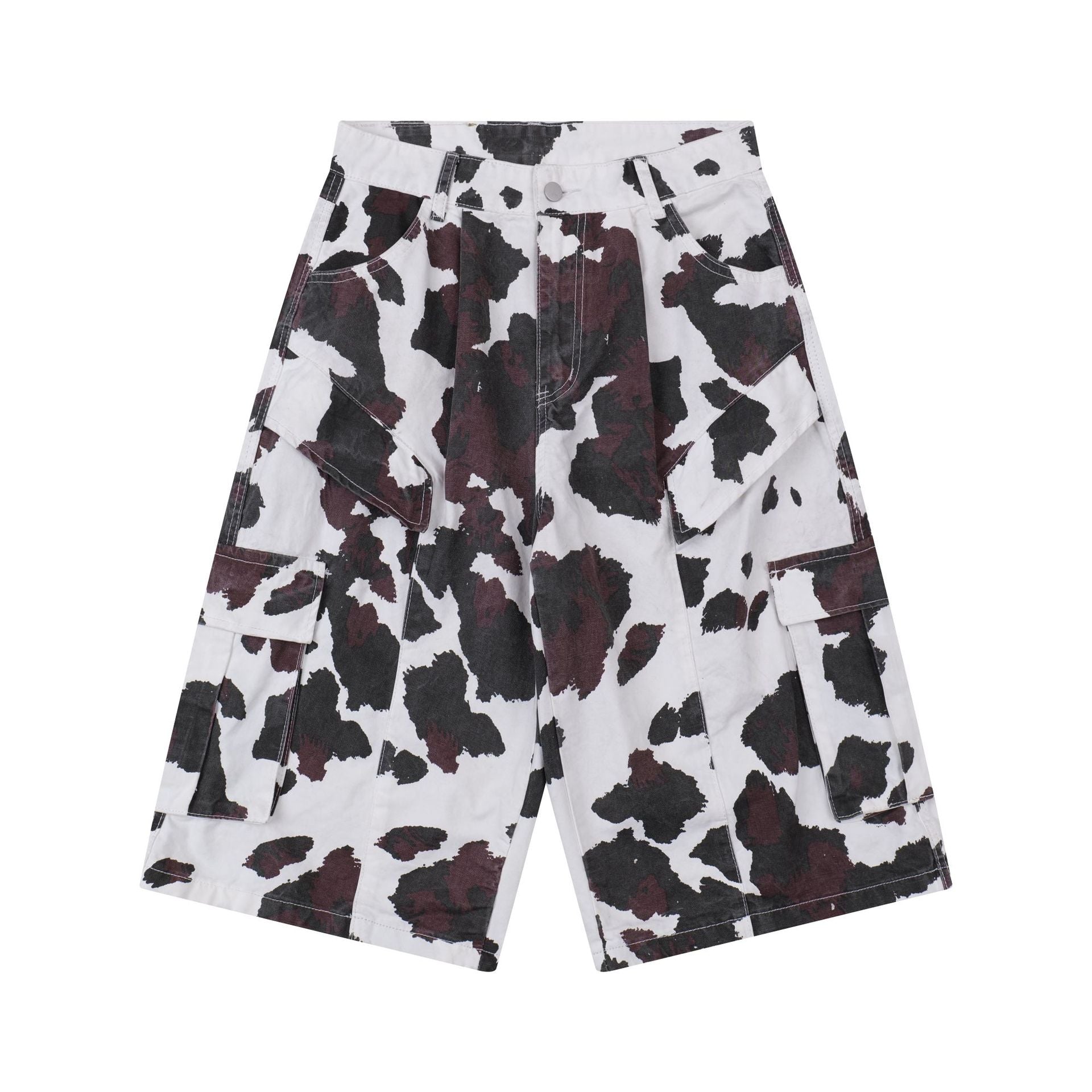Cow-Print Multi-Pocket Cargo Shorts – White/Black & Burgundy