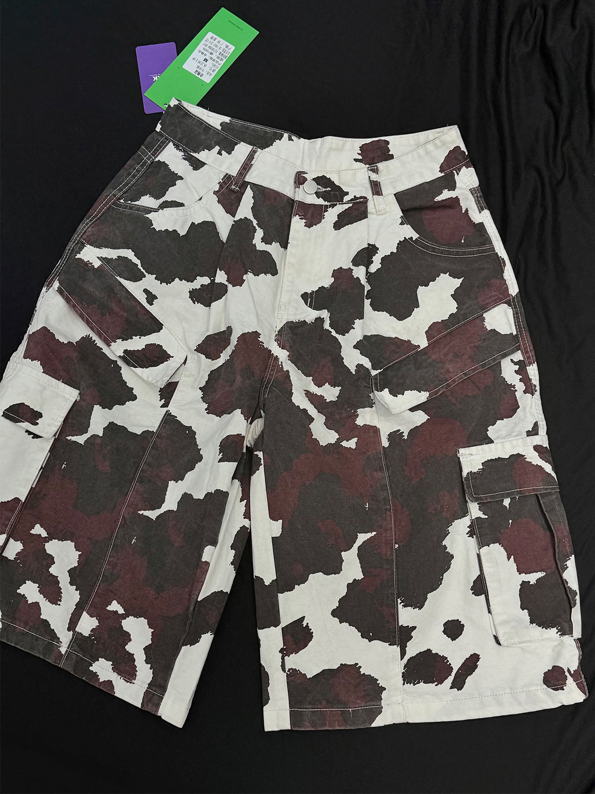 Cow-Print Multi-Pocket Cargo Shorts – White/Black & Burgundy