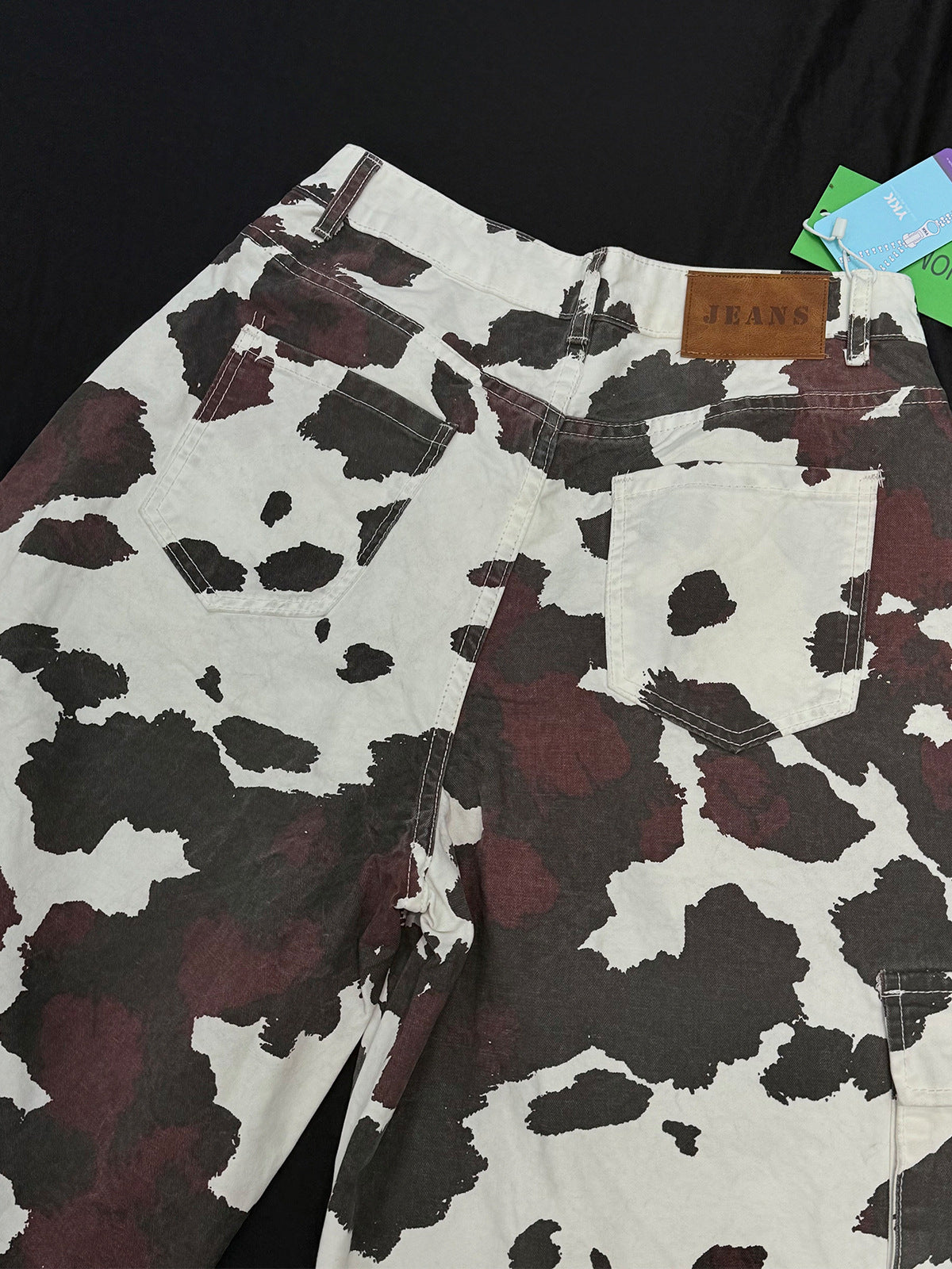 Cow-Print Multi-Pocket Cargo Shorts – White/Black & Burgundy