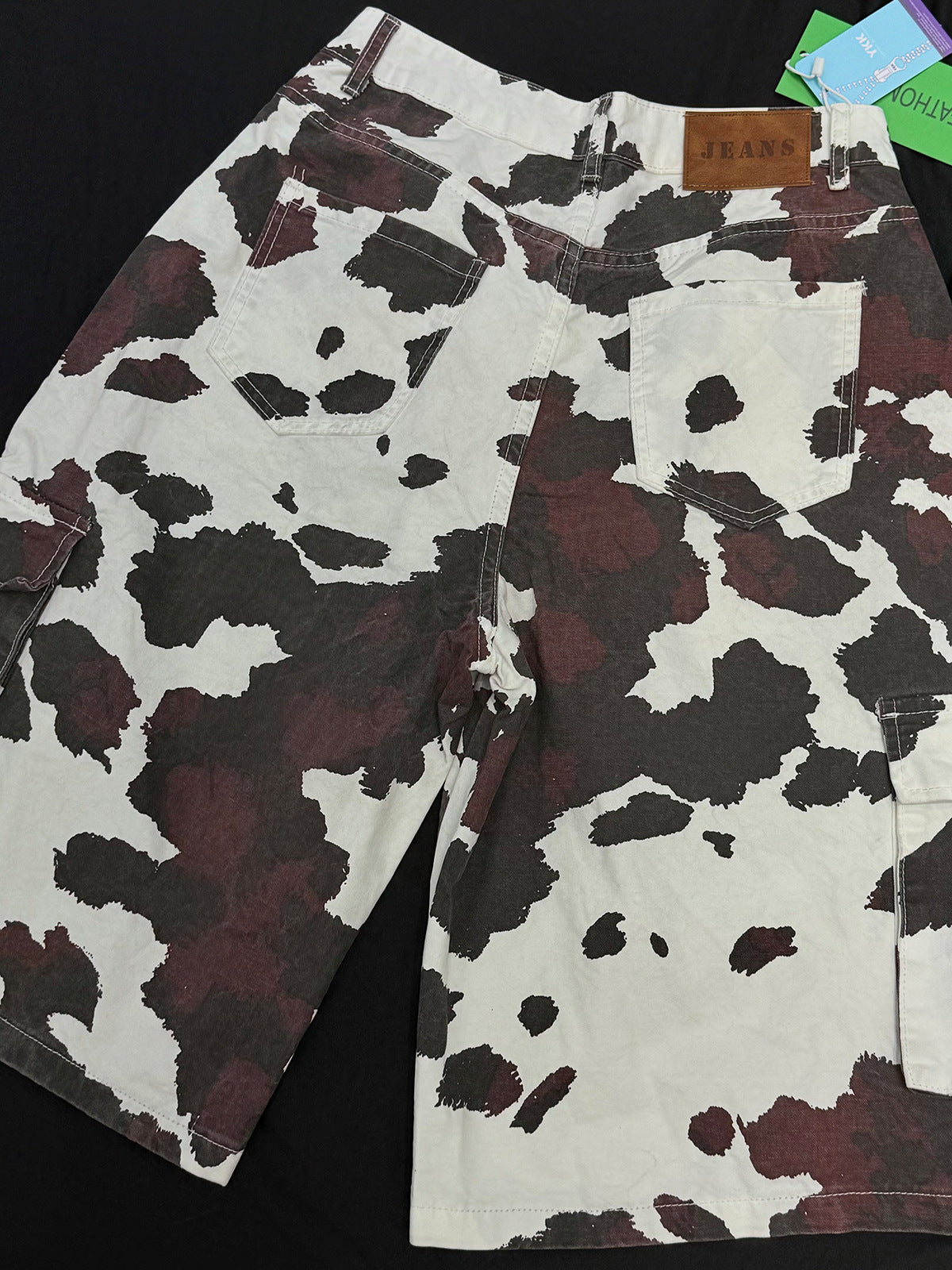 Cow-Print Multi-Pocket Cargo Shorts – White/Black & Burgundy