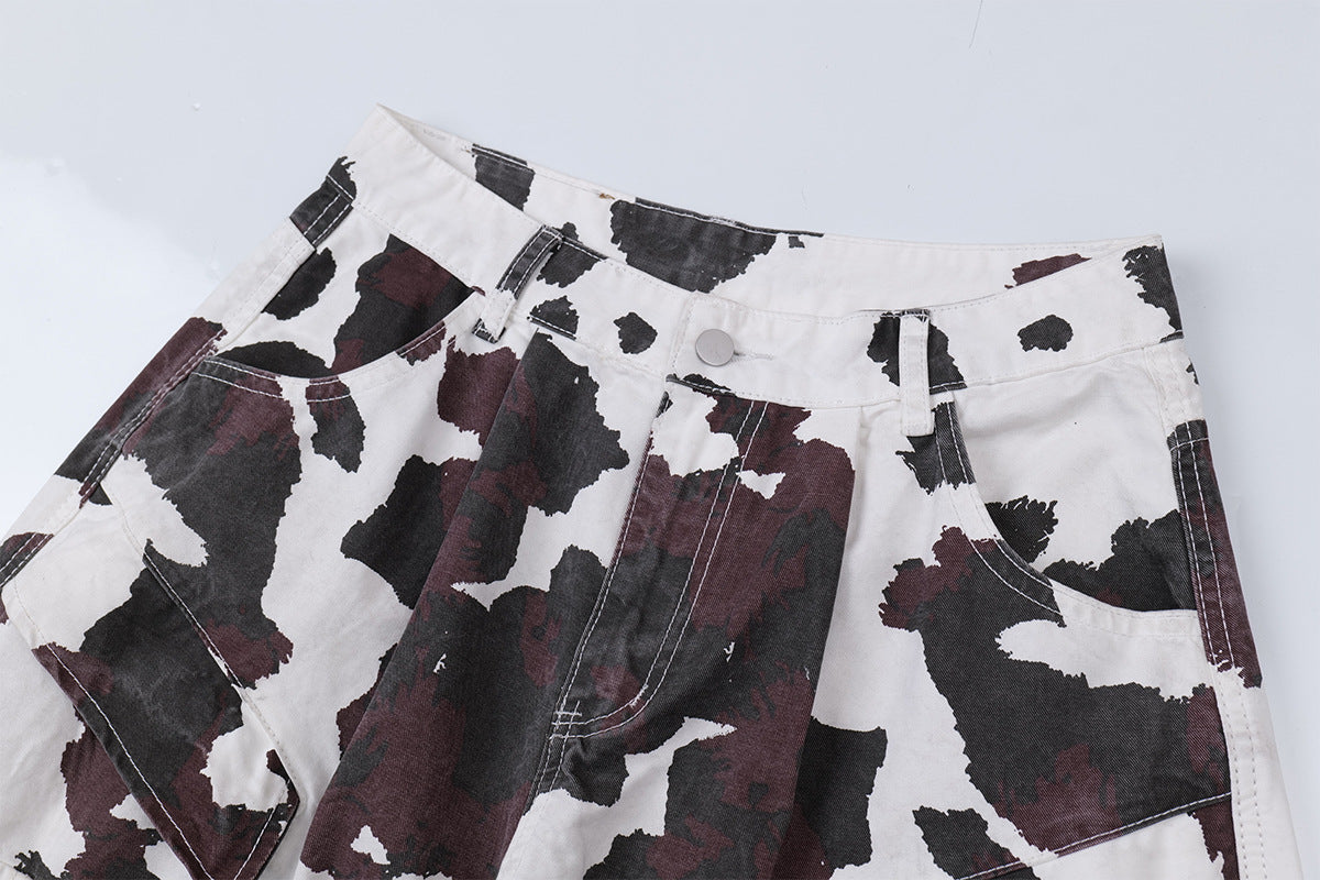 Cow-Print Multi-Pocket Cargo Shorts – White/Black & Burgundy