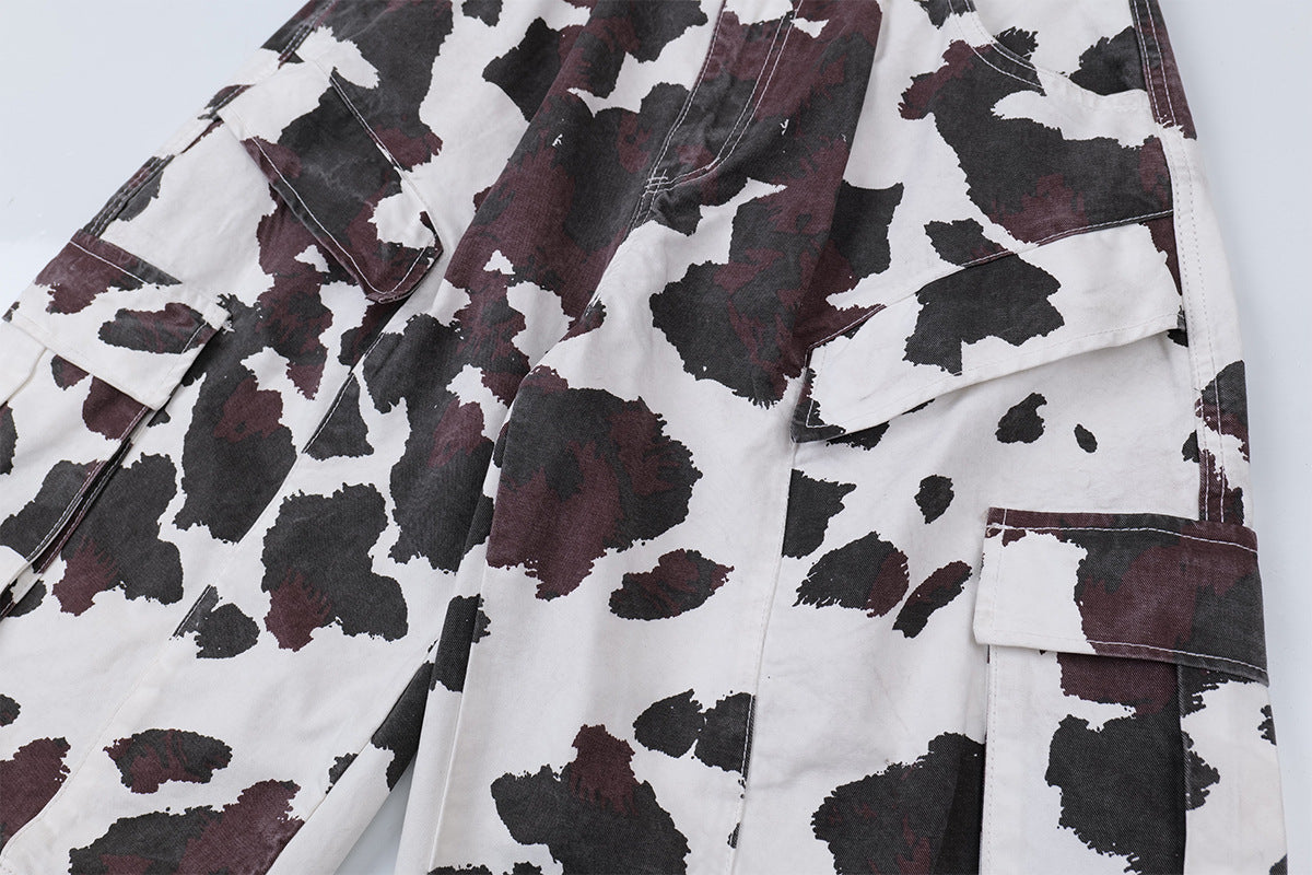 Cow-Print Multi-Pocket Cargo Shorts – White/Black & Burgundy
