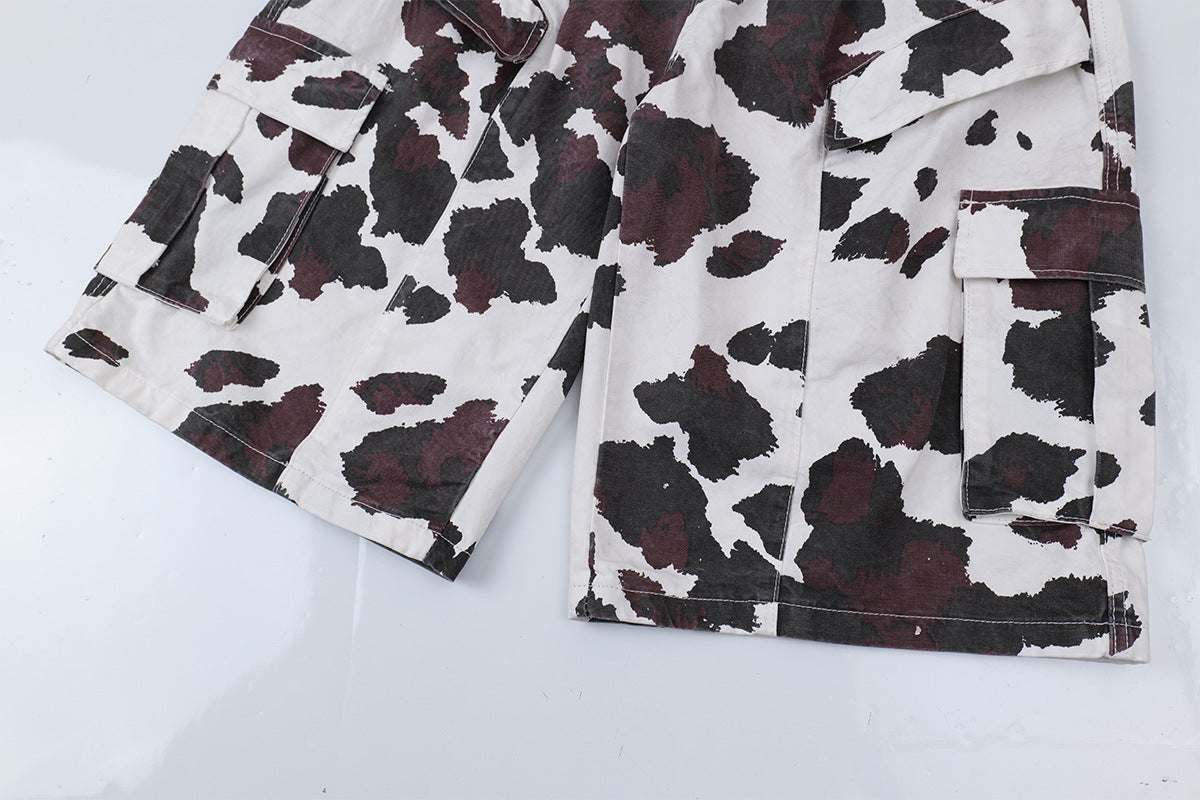 Cow-Print Multi-Pocket Cargo Shorts – White/Black & Burgundy