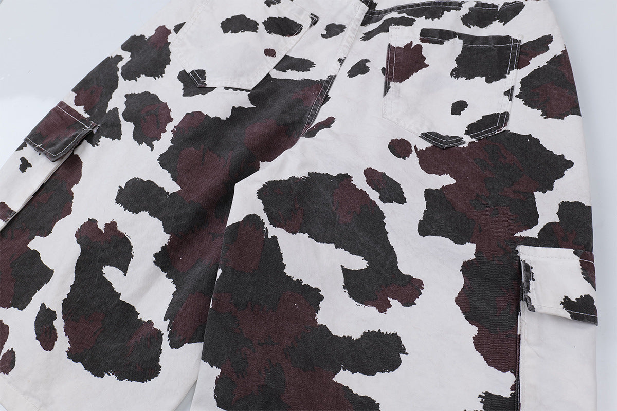 Cow-Print Multi-Pocket Cargo Shorts – White/Black & Burgundy