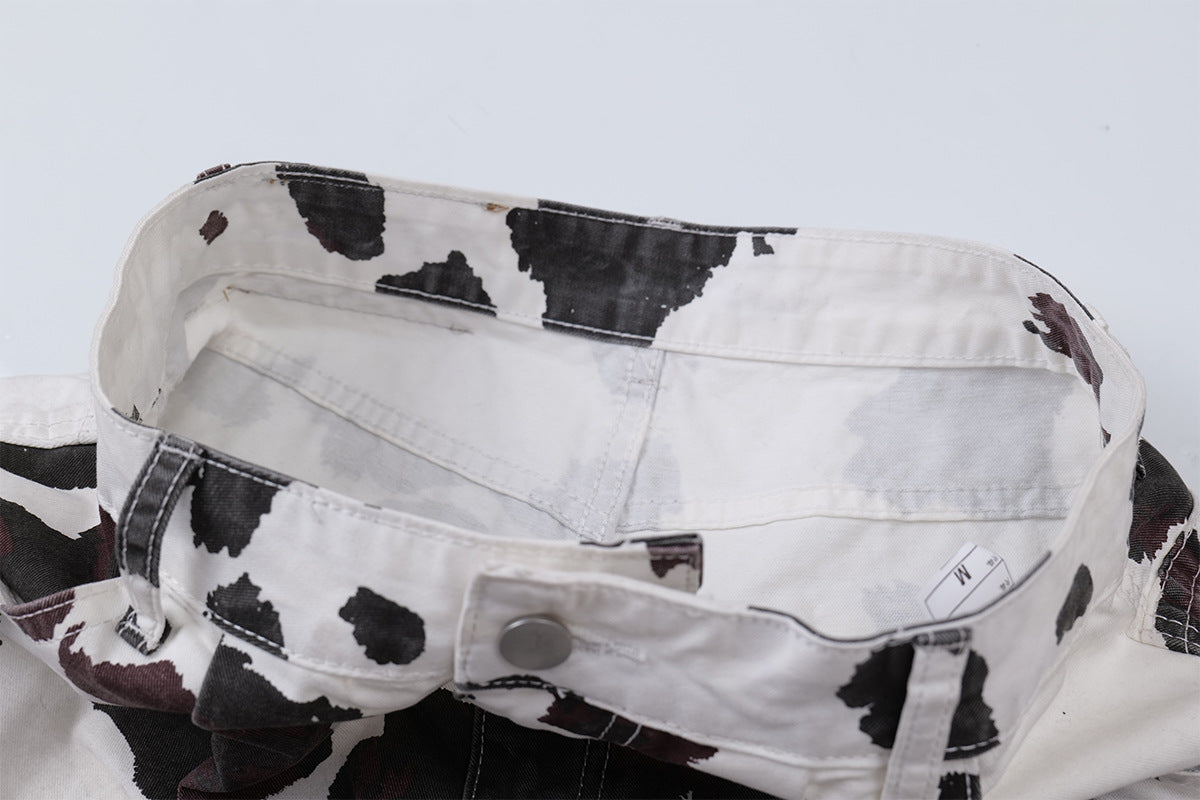 Cow-Print Multi-Pocket Cargo Shorts – White/Black & Burgundy