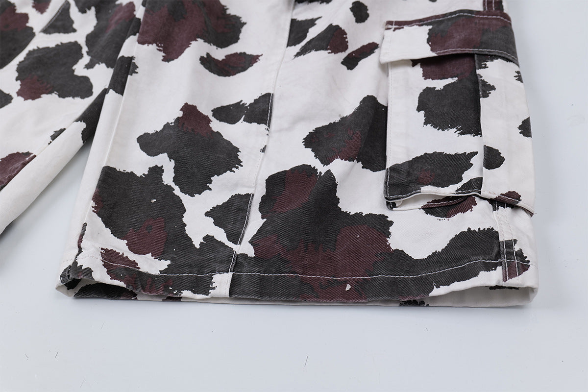 Cow-Print Multi-Pocket Cargo Shorts – White/Black & Burgundy