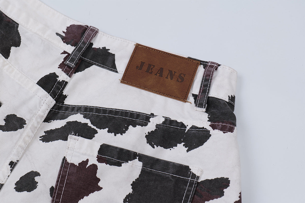 Cow-Print Multi-Pocket Cargo Shorts – White/Black & Burgundy