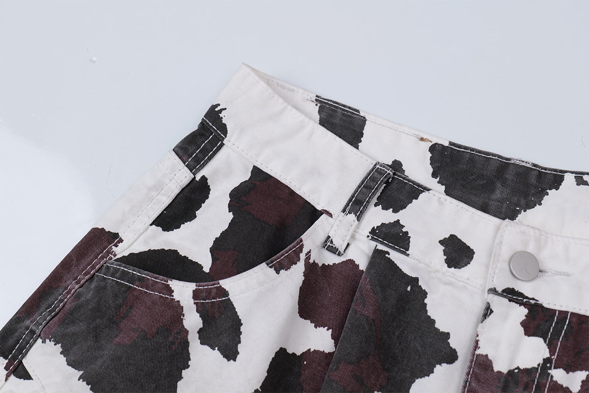 Cow-Print Multi-Pocket Cargo Shorts – White/Black & Burgundy