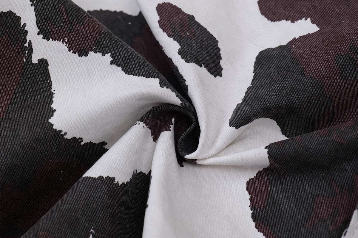Cow-Print Multi-Pocket Cargo Shorts – White/Black & Burgundy