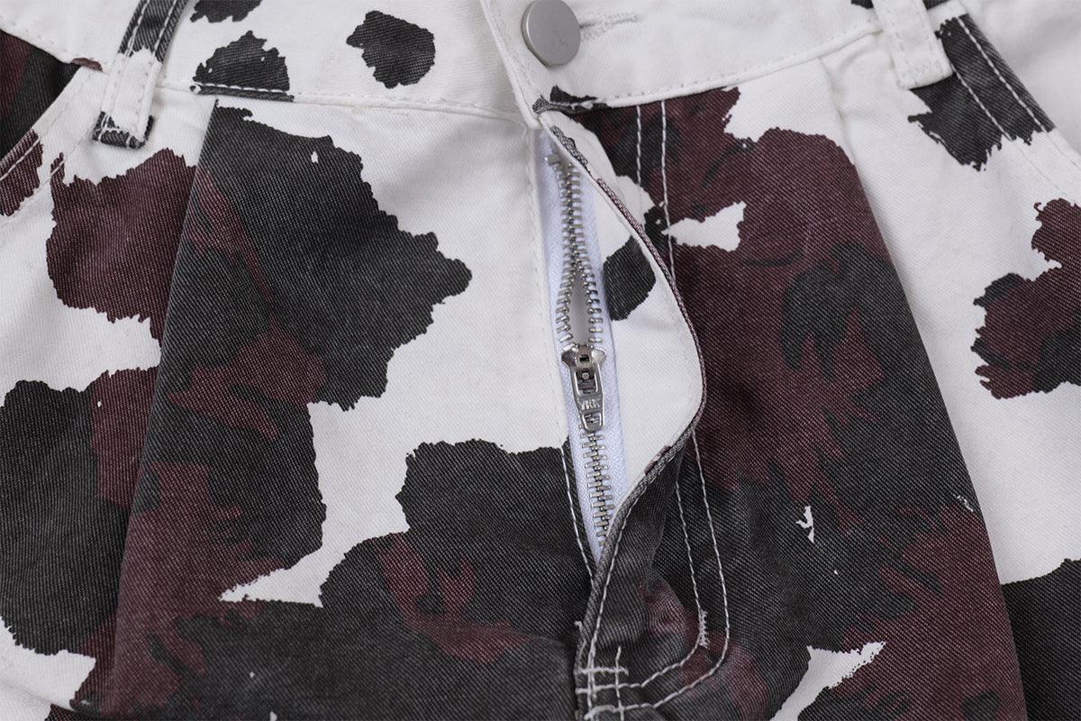 Cow-Print Multi-Pocket Cargo Shorts – White/Black & Burgundy