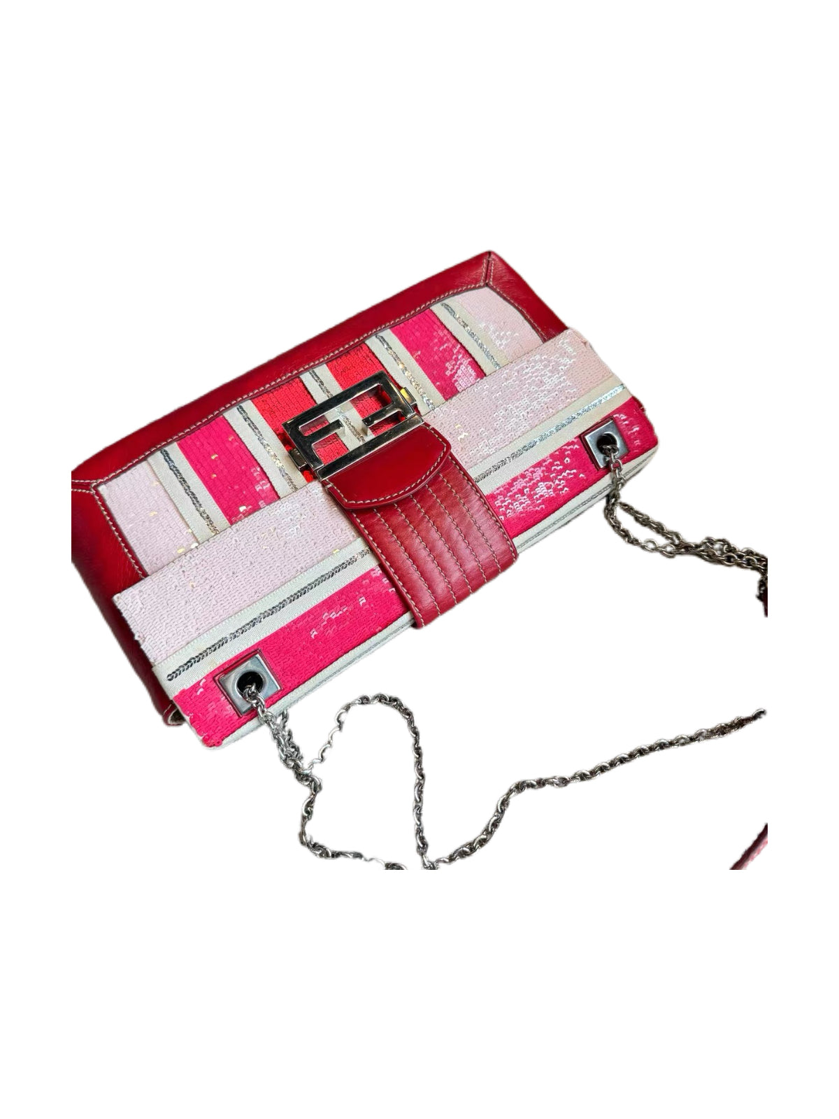 Fendi Vintage Pink White Striped Sequin Baguette Bag Patchwork Leather Chain Strap Y2K Archive Shoulder Bag