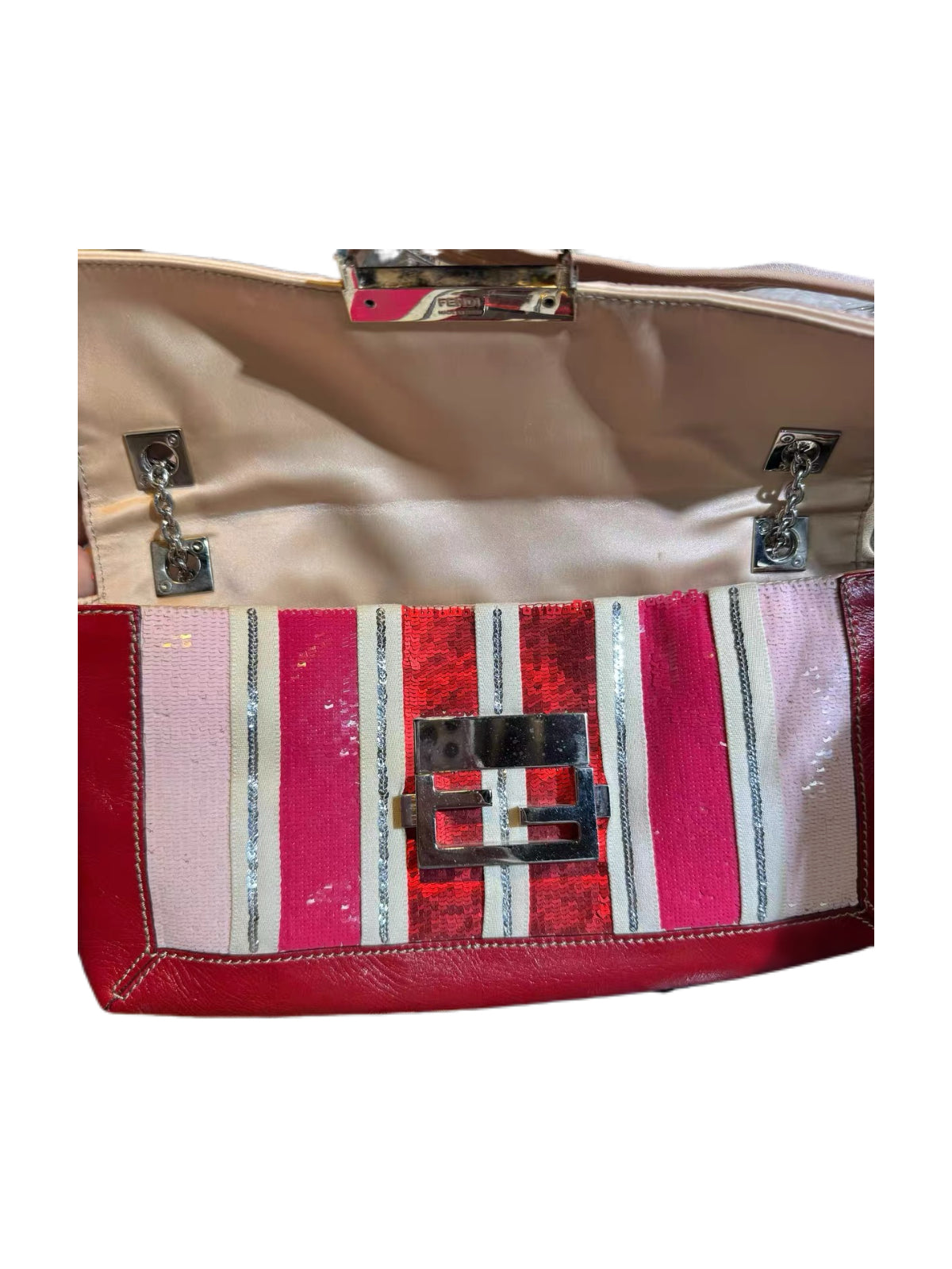 Fendi Vintage Pink White Striped Sequin Baguette Bag Patchwork Leather Chain Strap Y2K Archive Shoulder Bag