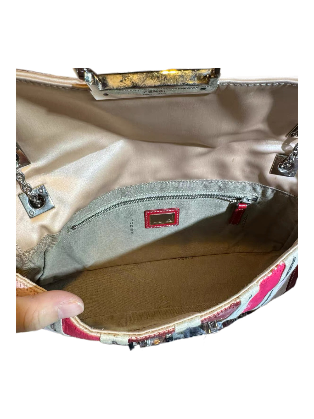 Fendi Vintage Pink White Striped Sequin Baguette Bag Patchwork Leather Chain Strap Y2K Archive Shoulder Bag