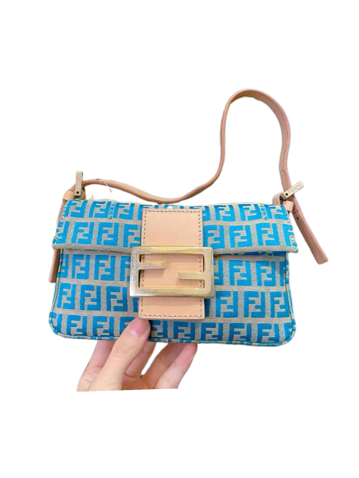 Fendi Vintage Peacock Blue FF Logo Mini Baguette Bag Canvas Zucca Small Shoulder Bag Rare Colorway