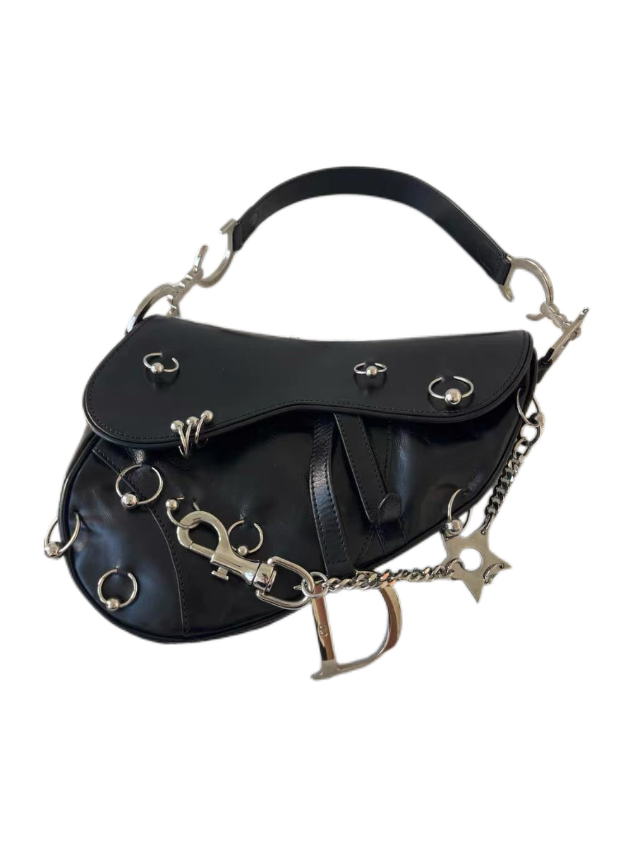 CHRISTIAN DIOR BY JOHN GALLIANO Rare Black Leather Saddle Bag with Star Chain & Punk Hardware — 2004