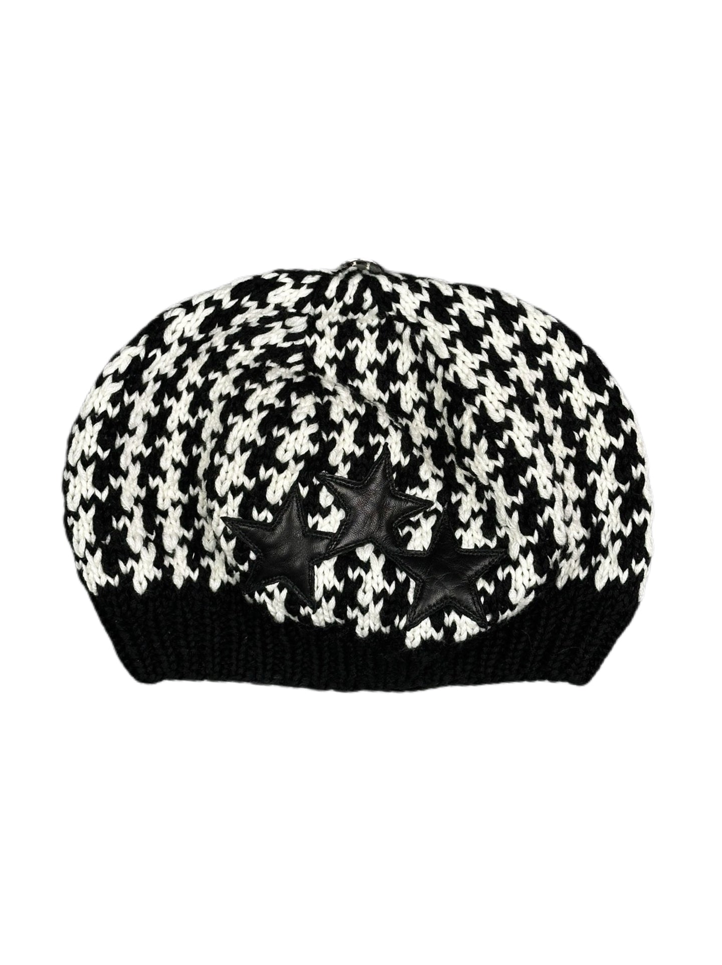 Chrome Hearts Black White Houndstooth Knit Beanie Leather Star Patch Hat Rare New OS