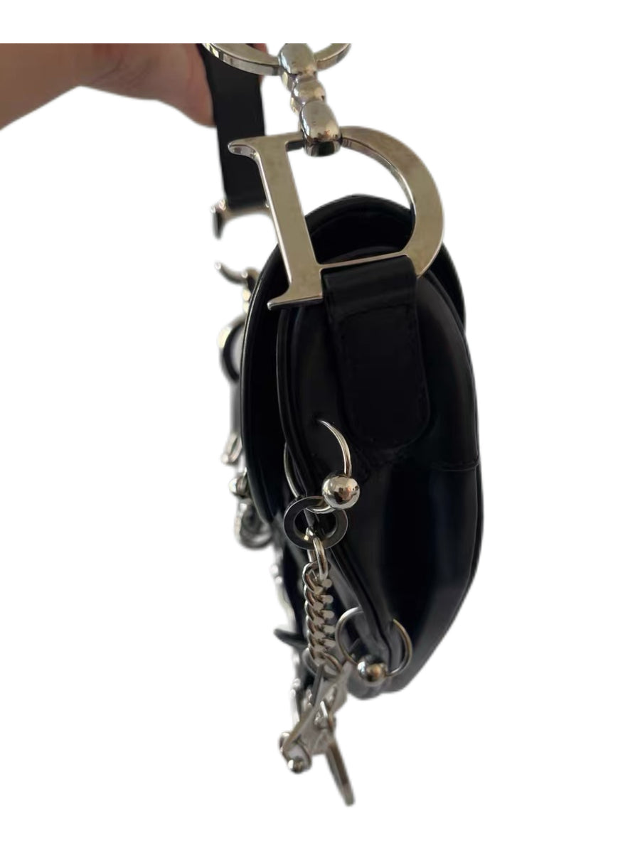 CHRISTIAN DIOR BY JOHN GALLIANO Rare Black Leather Saddle Bag with Star Chain & Punk Hardware — 2004