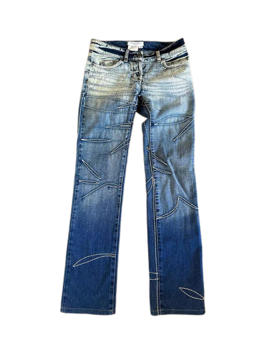 Christian Dior Galliano Embroidered Stitch Denim Jeans Archive Y2K Rare Size 34