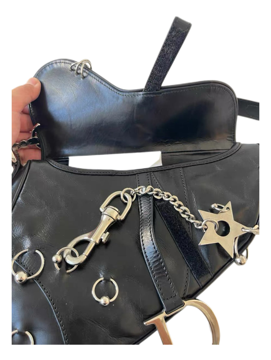 CHRISTIAN DIOR BY JOHN GALLIANO Rare Black Leather Saddle Bag with Star Chain & Punk Hardware — 2004