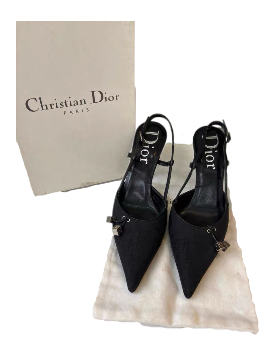 CHRISTIAN DIOR BY JOHN GALLIANO Rare Black Oblique Dice Monogram Pointed-Toe Slingback Heels