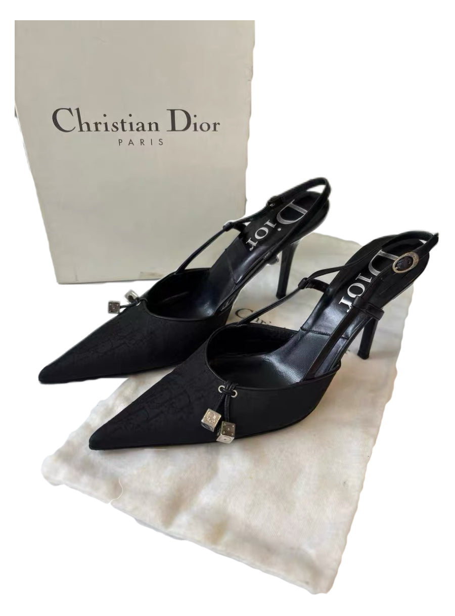 CHRISTIAN DIOR BY JOHN GALLIANO Rare Black Oblique Dice Monogram Pointed-Toe Slingback Heels