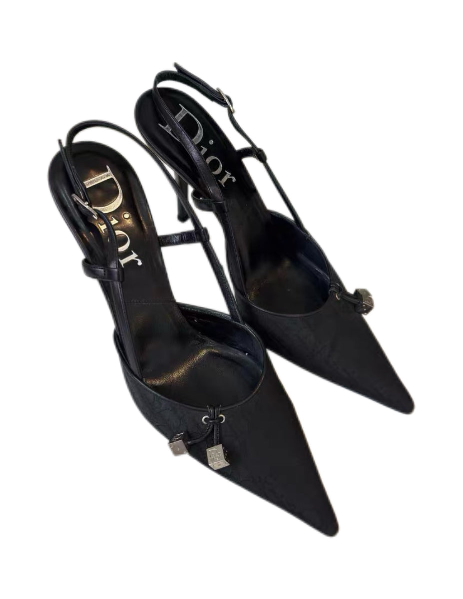 CHRISTIAN DIOR BY JOHN GALLIANO Rare Black Oblique Dice Monogram Pointed-Toe Slingback Heels