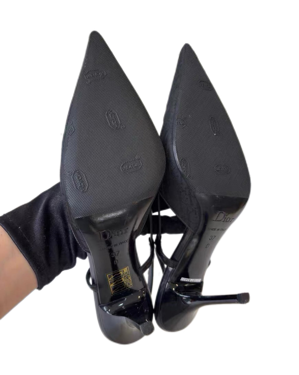CHRISTIAN DIOR BY JOHN GALLIANO Rare Black Oblique Dice Monogram Pointed-Toe Slingback Heels