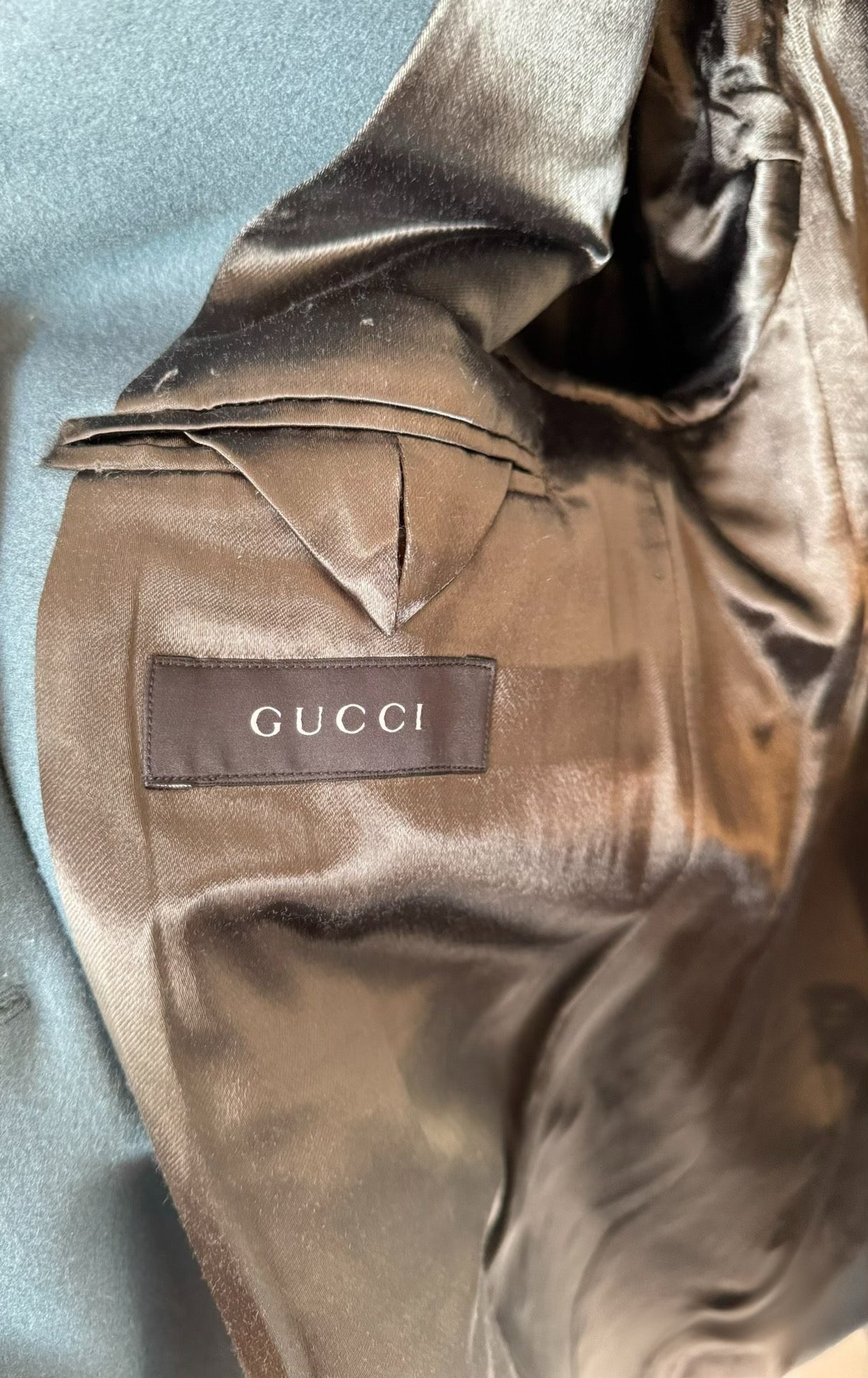 Gucci Tom Ford Runway Coat Peacock Blue Double Breasted Wool Overcoat Size 46 Archive Rare