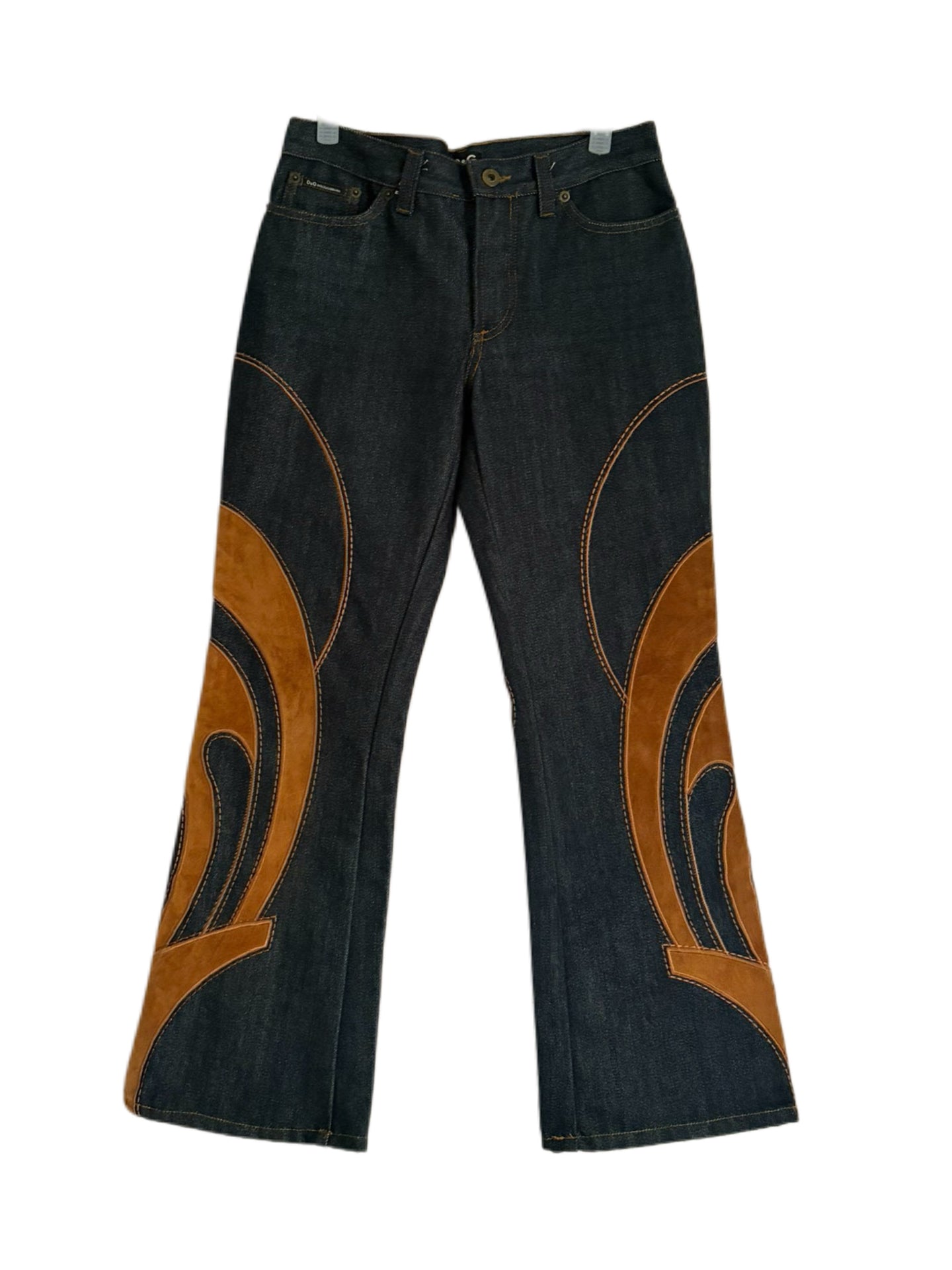 Dolce & Gabbana Vintage Dark Indigo Denim Leather Appliqué Straight-Leg Jeans