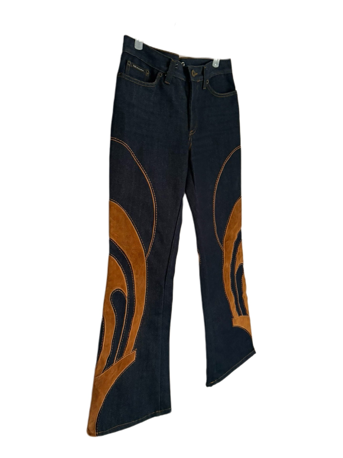 Dolce & Gabbana Vintage Dark Indigo Denim Leather Appliqué Straight-Leg Jeans