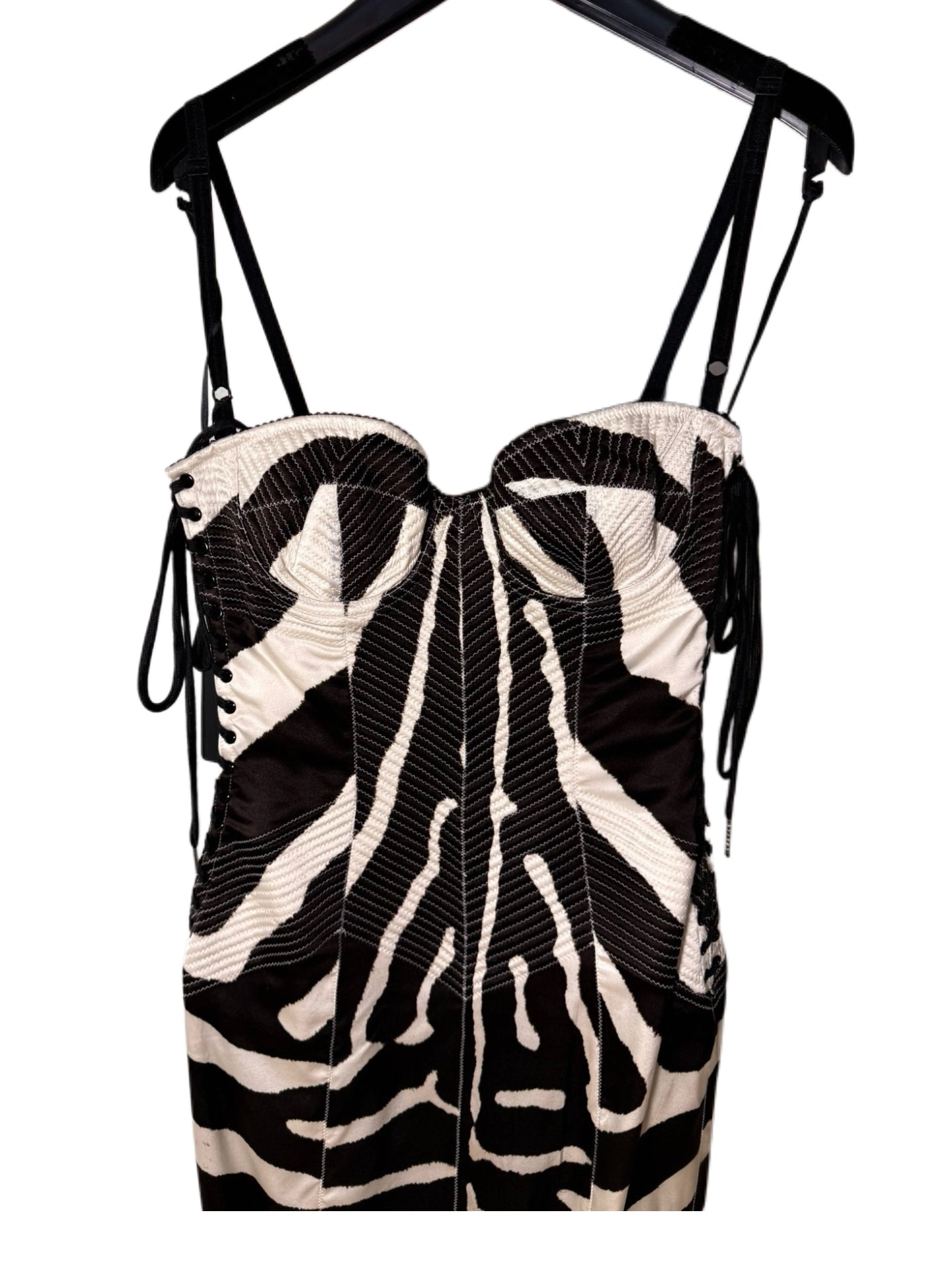 Dolce & Gabbana 2005 Black & White Zebra Print Silk Corset Lace-Up Slip Dress