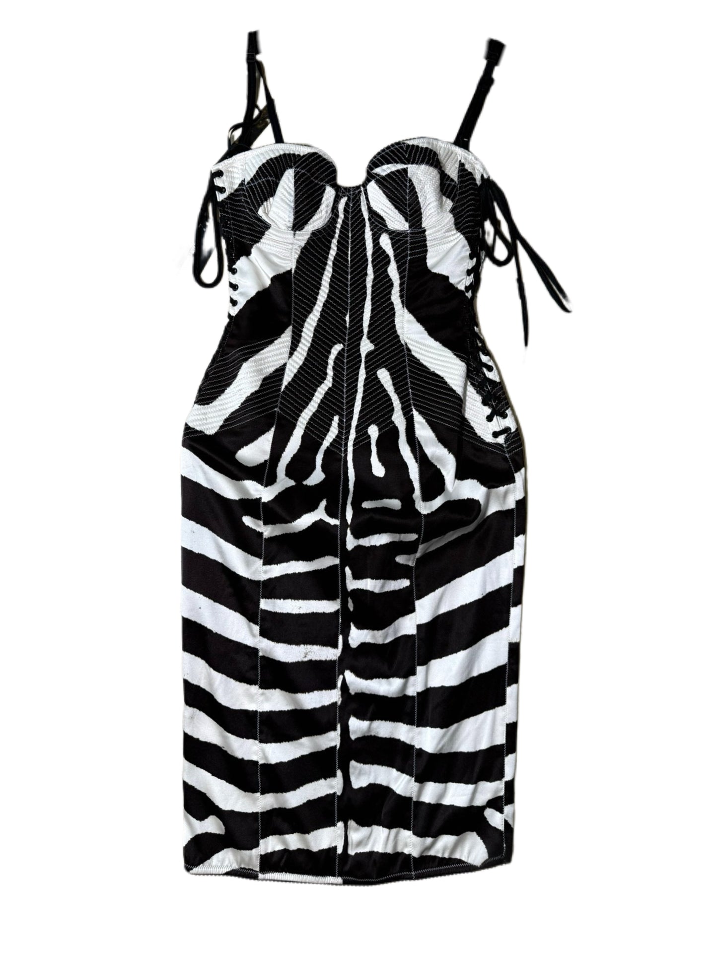 Dolce & Gabbana 2005 Black & White Zebra Print Silk Corset Lace-Up Slip Dress
