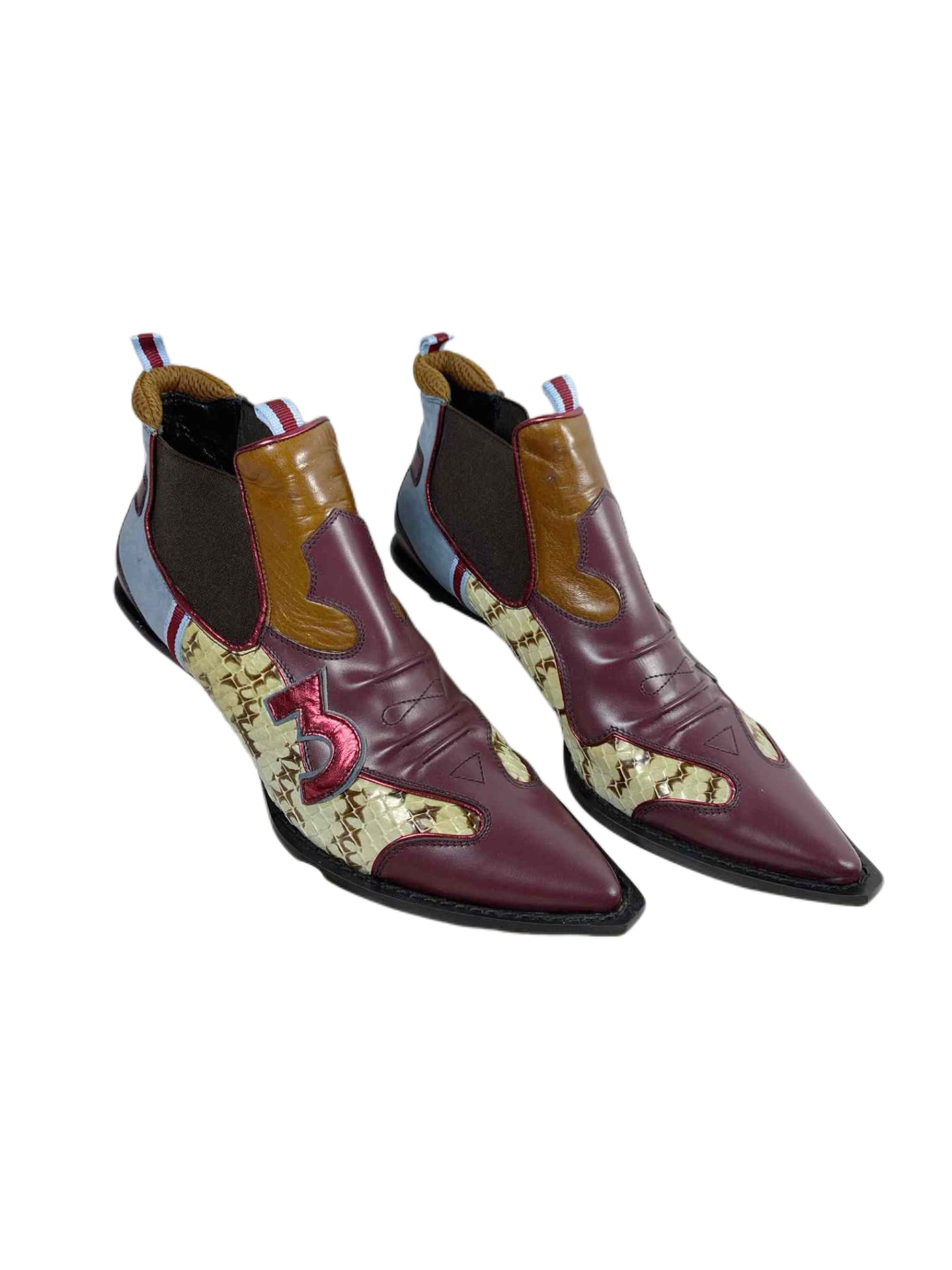 Miu Miu Vintage Patchwork Leather Snake Panel Ankle Boots – Kitten Heel Pointed Toe Y2K Archive