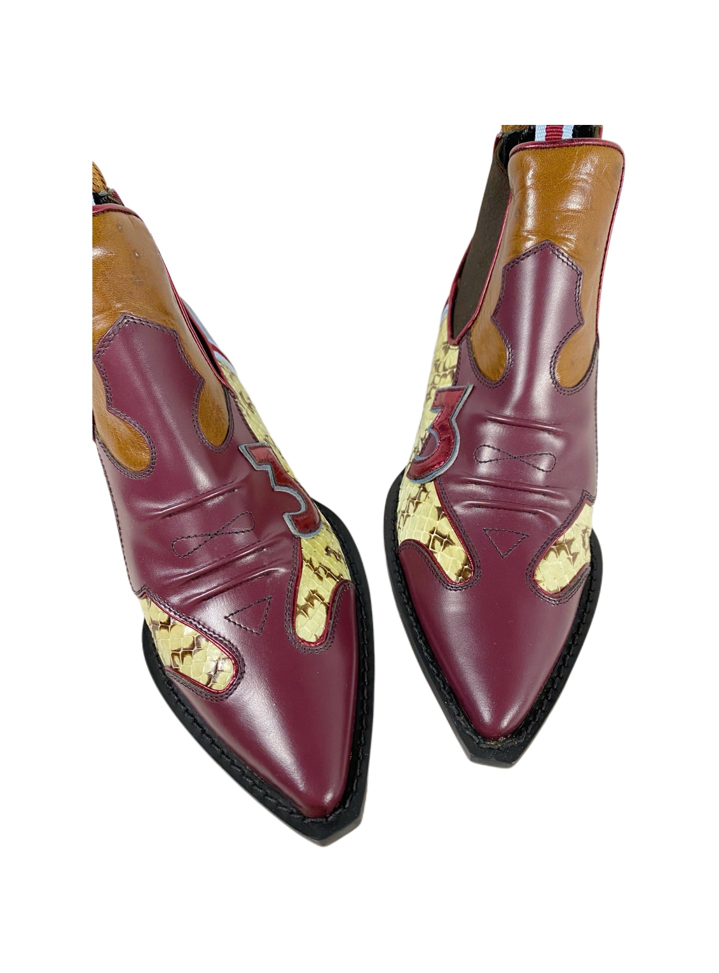 Miu Miu Vintage Patchwork Leather Snake Panel Ankle Boots – Kitten Heel Pointed Toe Y2K Archive