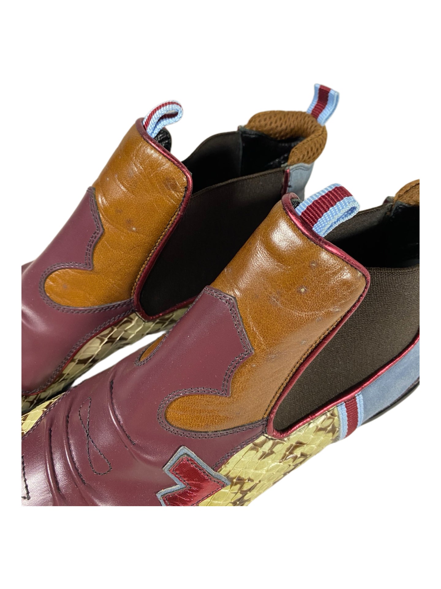 Miu Miu Vintage Patchwork Leather Snake Panel Ankle Boots – Kitten Heel Pointed Toe Y2K Archive