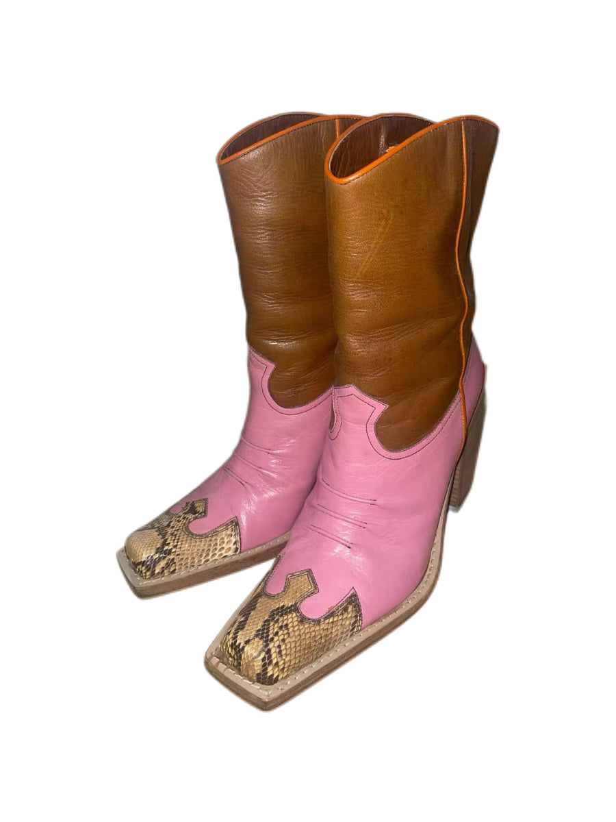 Miu Miu Vintage Pink Western Patchwork Leather Snake Toe Boots – Block Heel Square Toe Y2K Archive