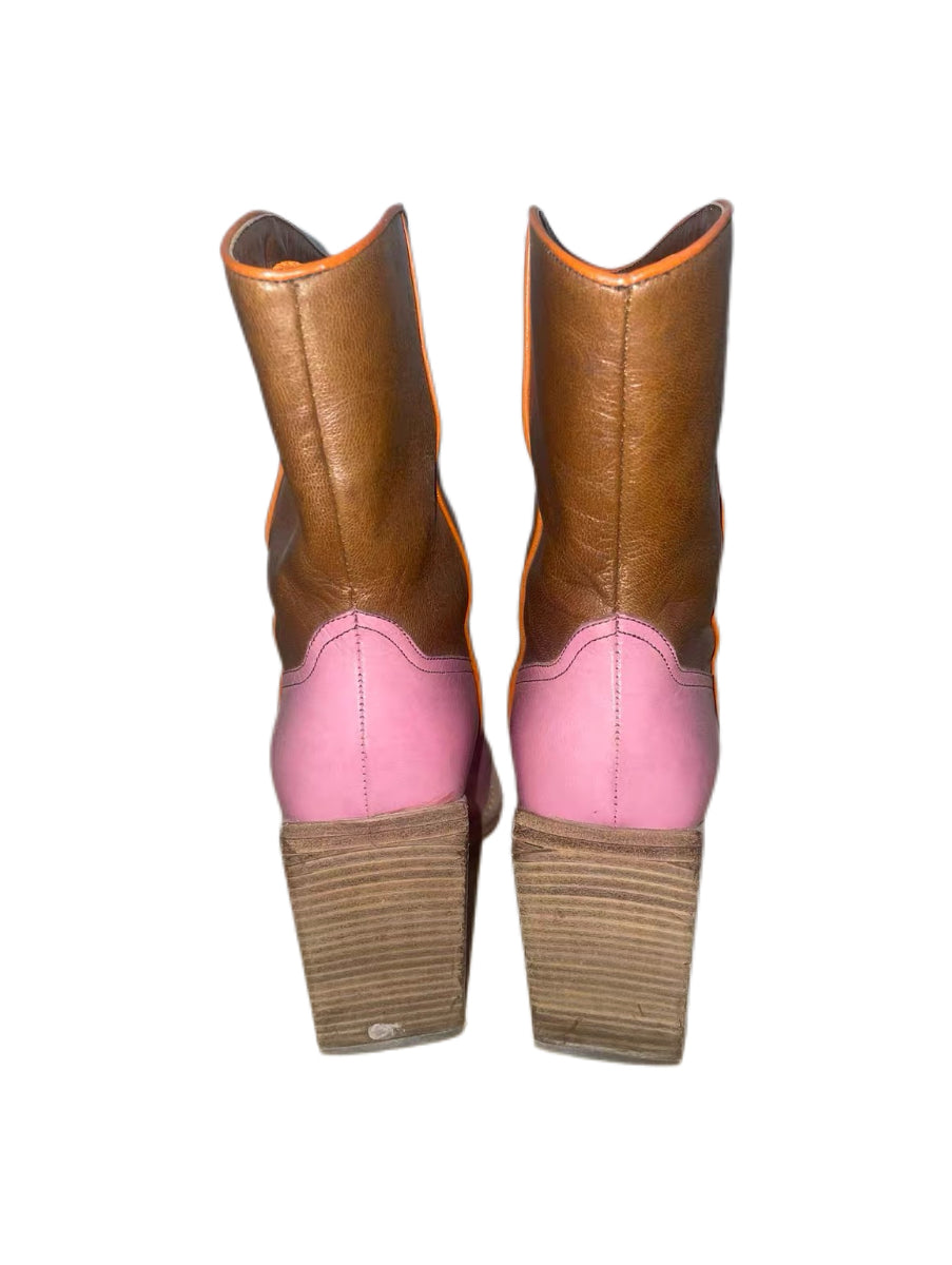 Miu Miu Vintage Pink Western Patchwork Leather Snake Toe Boots – Block Heel Square Toe Y2K Archive