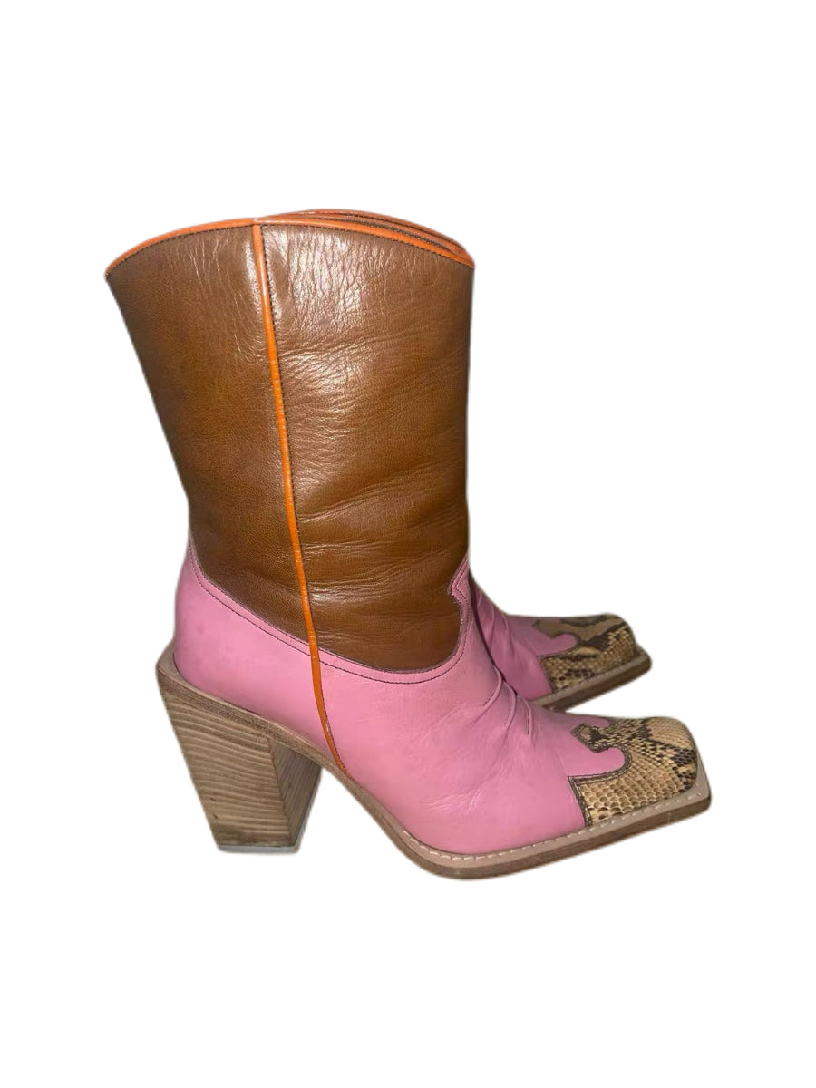 Miu Miu Vintage Pink Western Patchwork Leather Snake Toe Boots – Block Heel Square Toe Y2K Archive