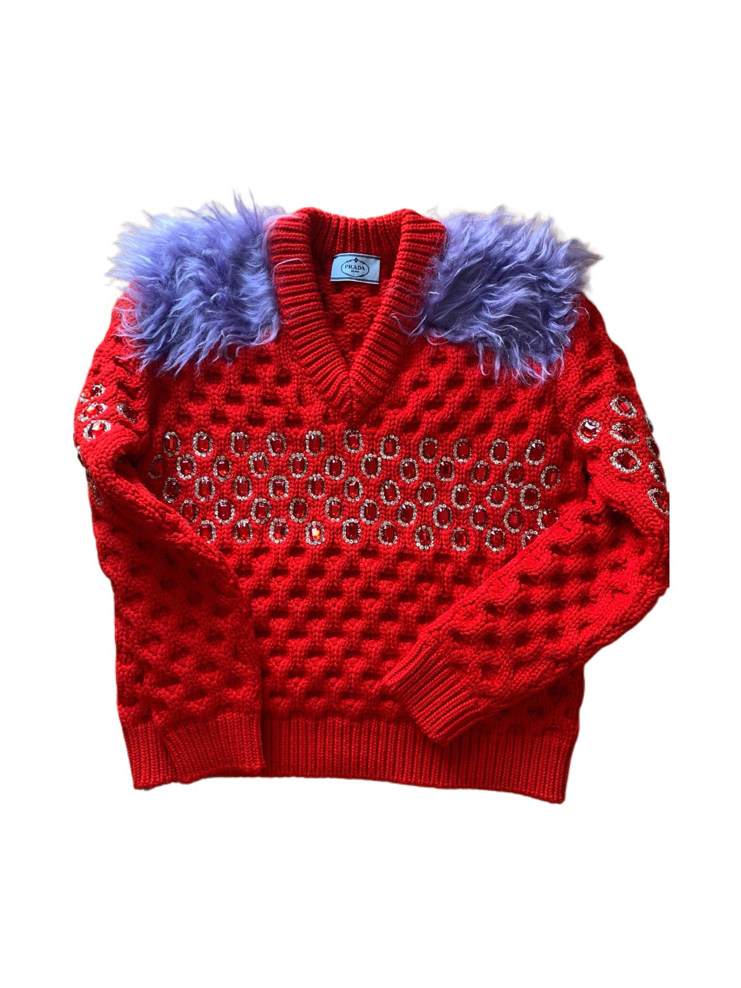 Prada Runway Embellished Crystal Knit Sweater with Feather Shoulders – Red Textured Wool Jumper Rare Archive