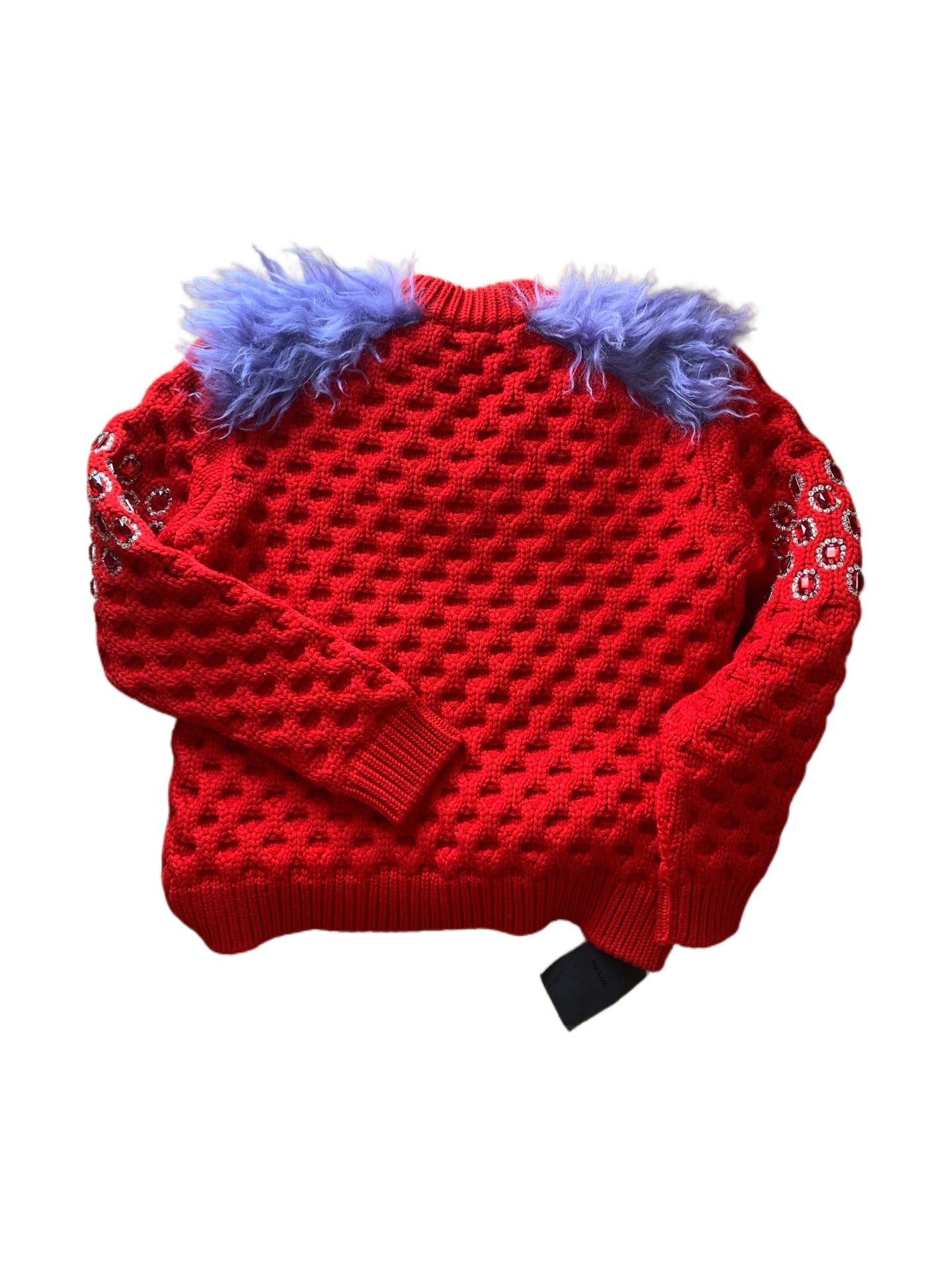 Prada Runway Embellished Crystal Knit Sweater with Feather Shoulders – Red Textured Wool Jumper Rare Archive