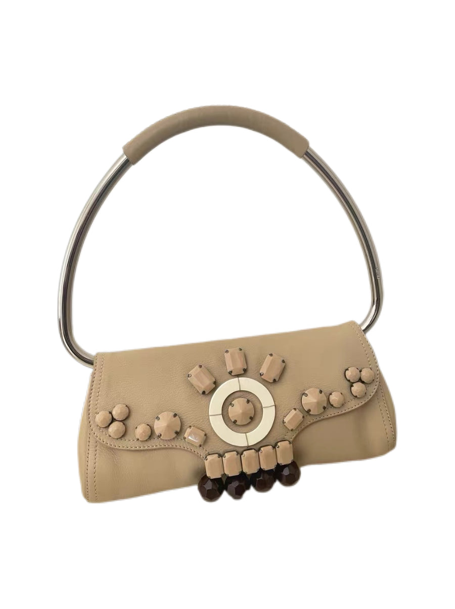 Prada Runway Embellished Leather Shoulder Bag with Silver Metal Handle – Beaded Crystal Detail Rare Archive Piece