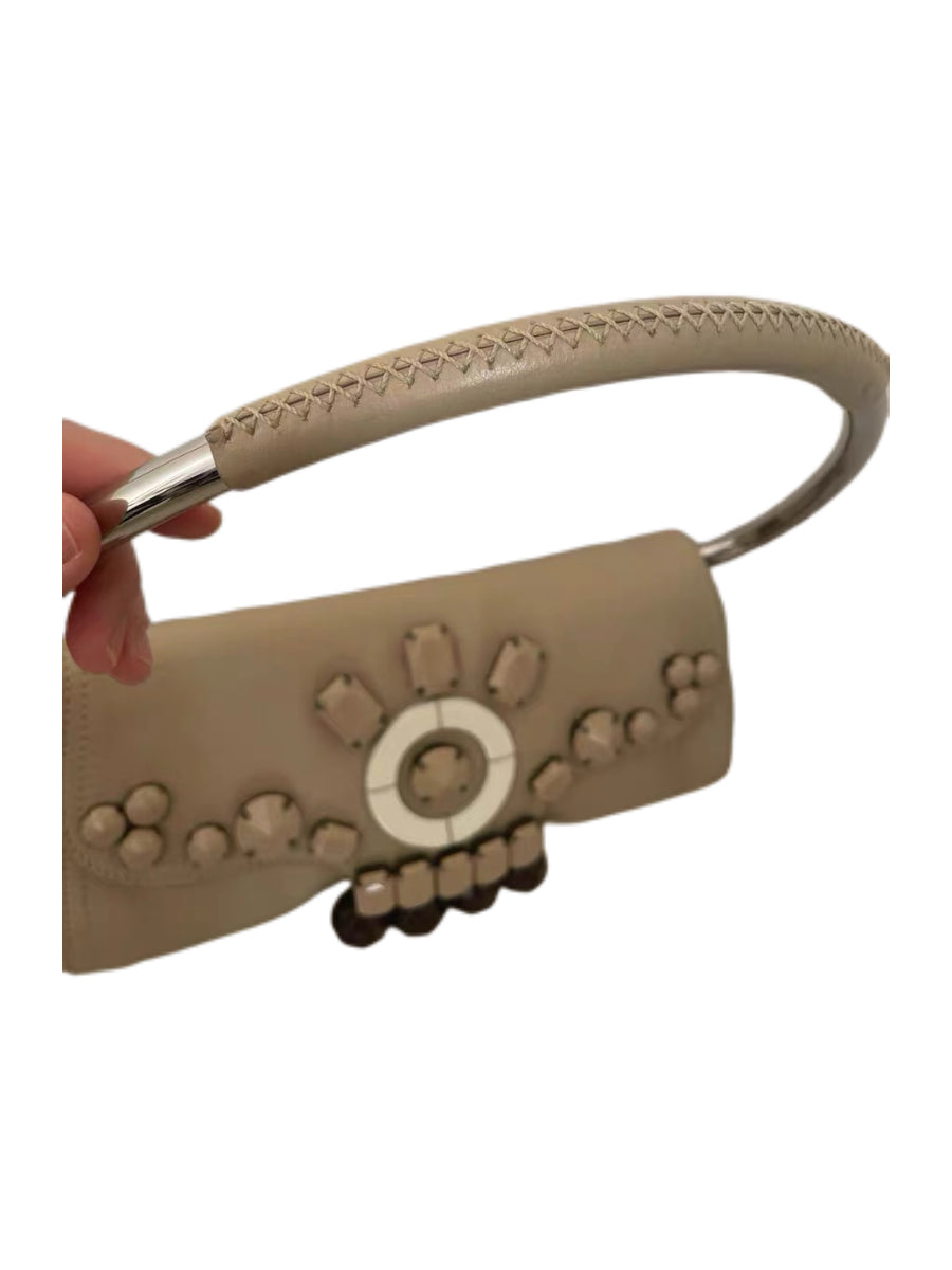 Prada Runway Embellished Leather Shoulder Bag with Silver Metal Handle – Beaded Crystal Detail Rare Archive Piece