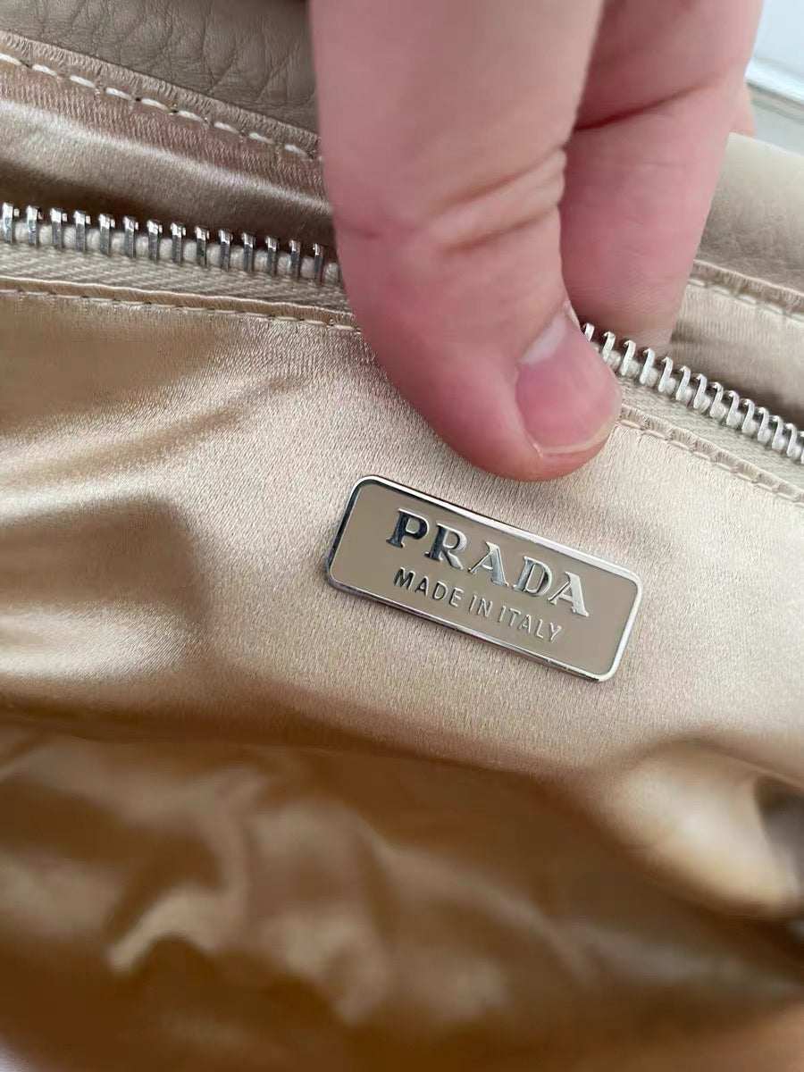 Prada Runway Embellished Leather Shoulder Bag with Silver Metal Handle – Beaded Crystal Detail Rare Archive Piece