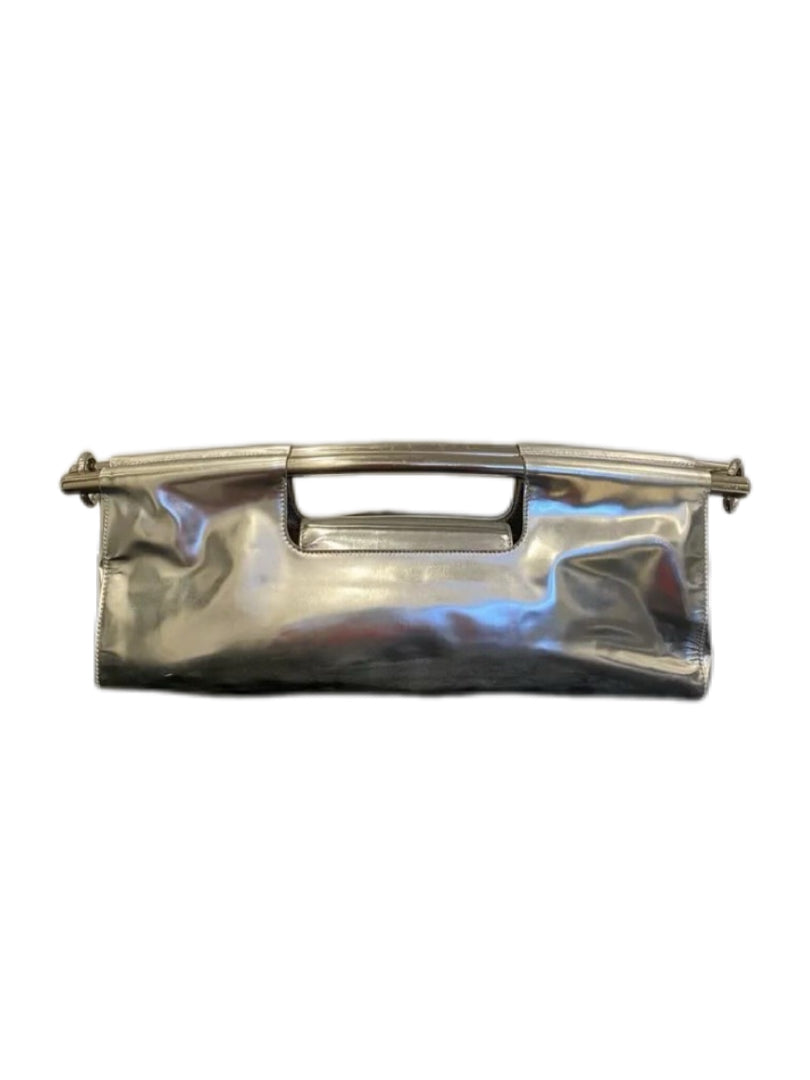 Prada Runway Metallic Silver Leather Shoulder Bag with Sculptural Metal Bar Handle – Futuristic Archive Piece