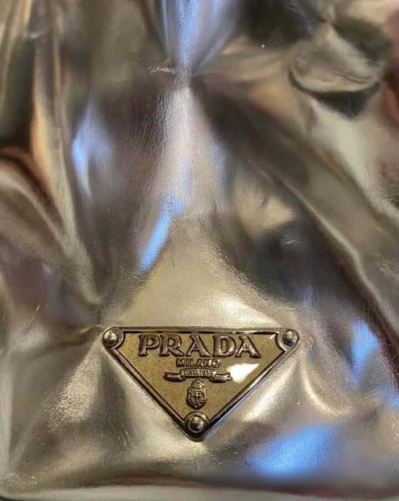 Prada Runway Metallic Silver Leather Shoulder Bag with Sculptural Metal Bar Handle – Futuristic Archive Piece