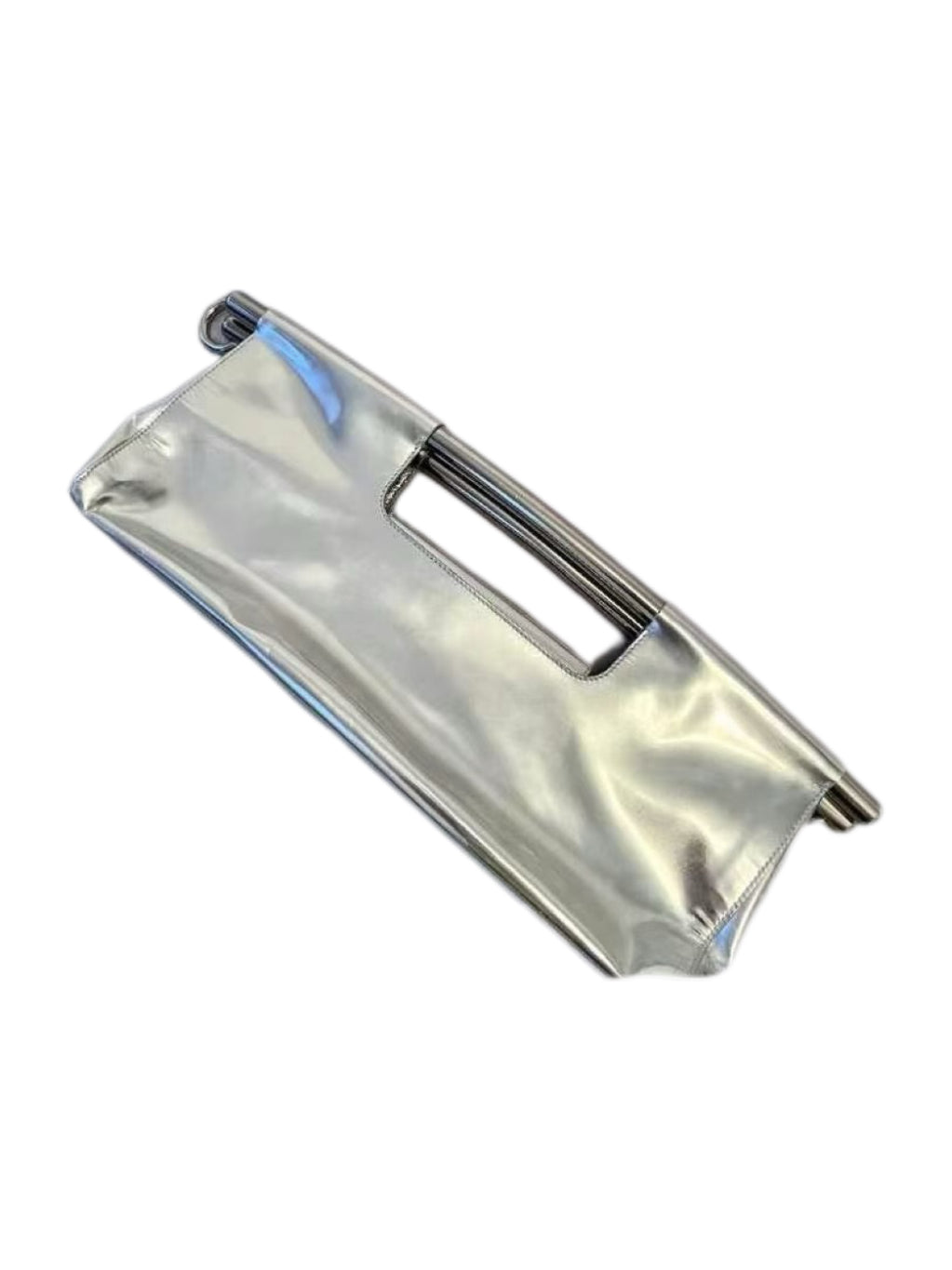 Prada Runway Metallic Silver Leather Shoulder Bag with Sculptural Metal Bar Handle – Futuristic Archive Piece